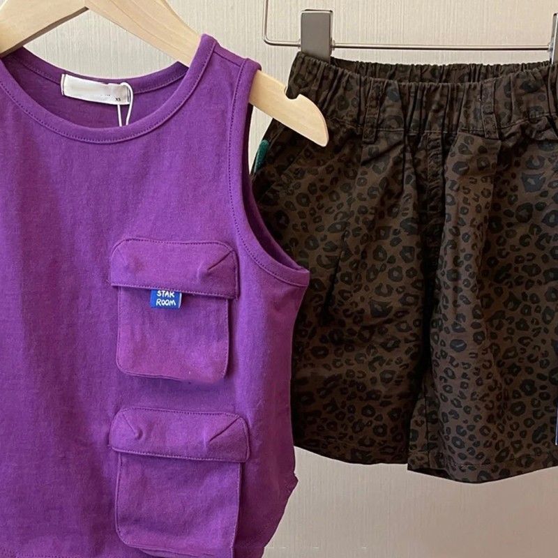 Korean style boys summer suit children handsome fashionable leopard print shorts baby versatile purple vest two-piece set