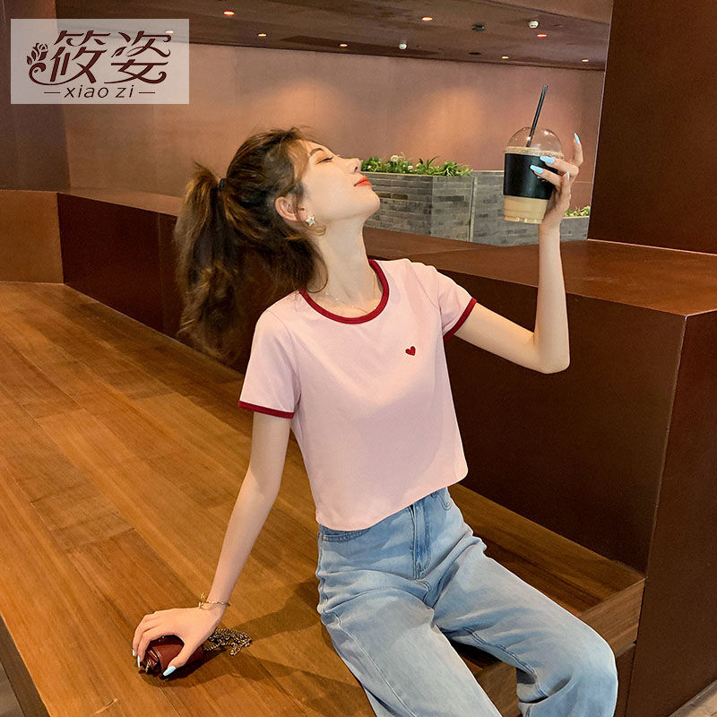 筱姿刺繡愛心短袖t恤女夏季設計感小眾修身洋氣短款純棉上衣半袖