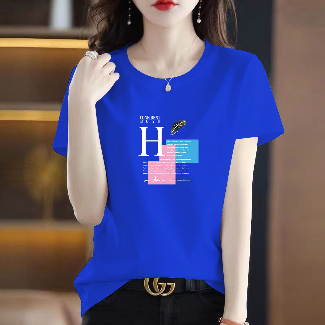 高品質棉t恤女寬鬆2023新款夏季設計感時尚體恤短袖藍色上衣ins潮