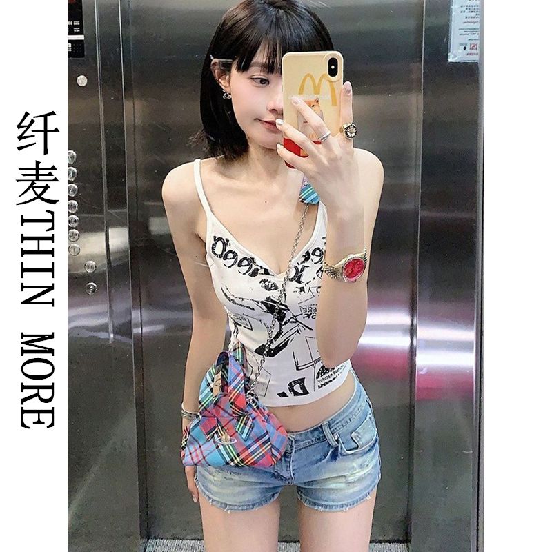 Fianmai THIN MORE Cartoon Letter Camisole Women's Summer Short Slim Fit Casual Versatile Top