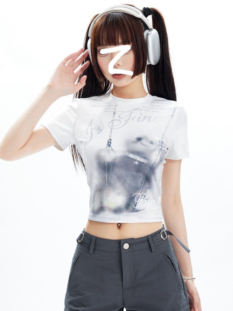 Digital printing bear swing slim short T-shirt 2023 summer personalized casual round neck short-sleeved top