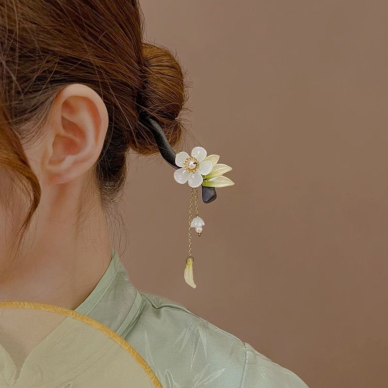 古风流苏旗袍盘发发簪女夏天汉服头饰木质发钗气质中国风步摇簪子