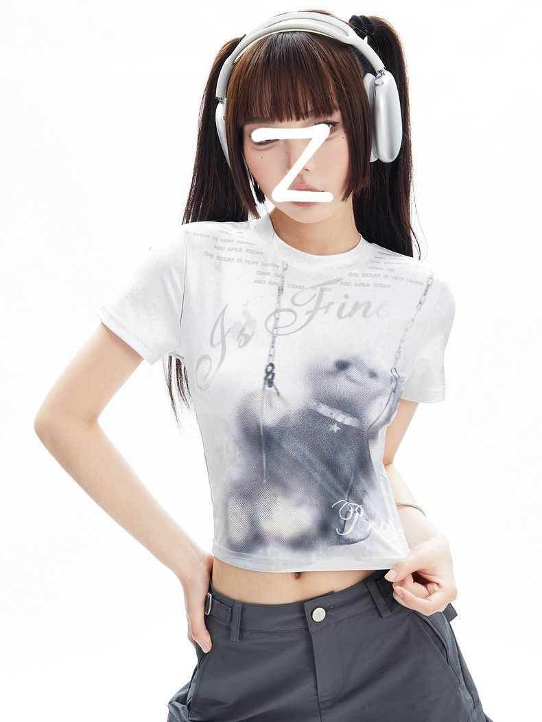 Digital printing bear swing slim short T-shirt 2023 summer personalized casual round neck short-sleeved top