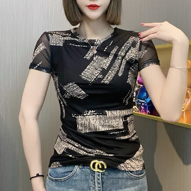 夏裝新款港風復古印花修身短袖T恤女顯瘦遮肚子微胖穿搭網紗上衣