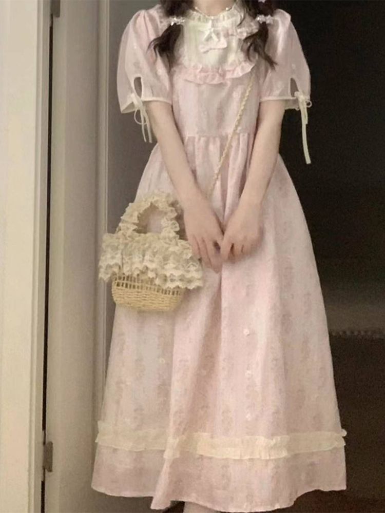 森系甜美學院風可愛蝴蝶結木耳邊拼接少女粉連衣裙夏日新款女學生