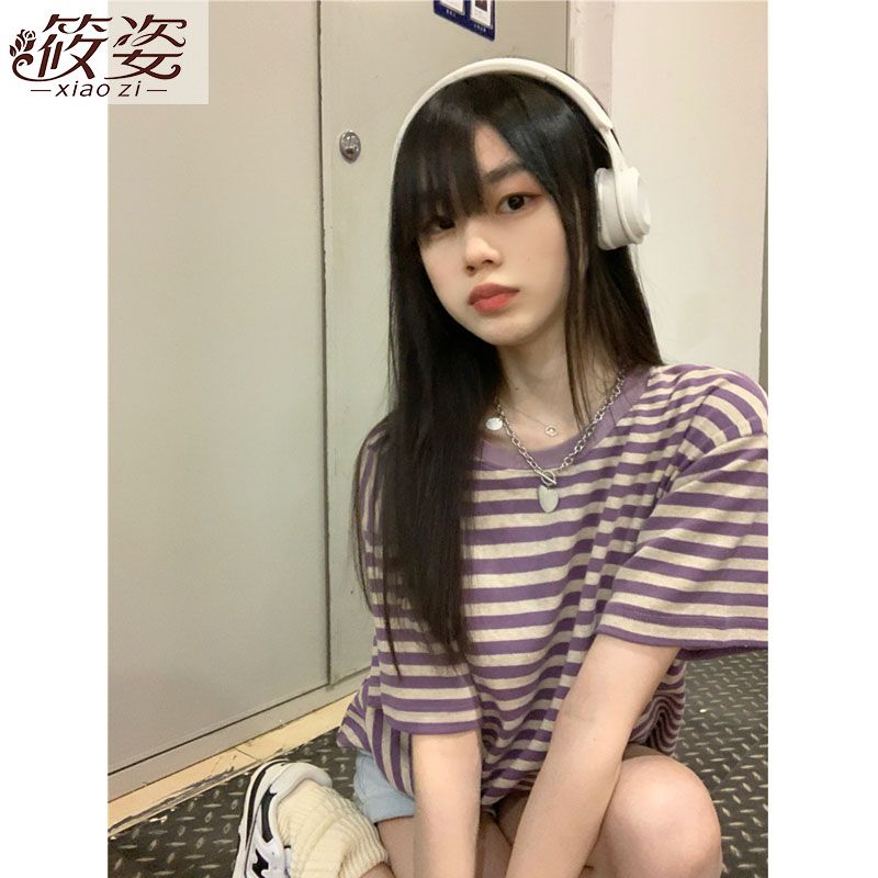 筱姿條紋T恤女2023夏季新款韓版chic寬鬆短袖顯白香芋紫正肩上衣