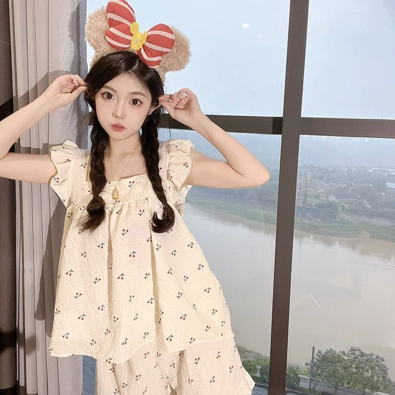 甜美小飛袖背心吊帶睡衣女夏季套裝ins風可愛清新小個子家居服夏