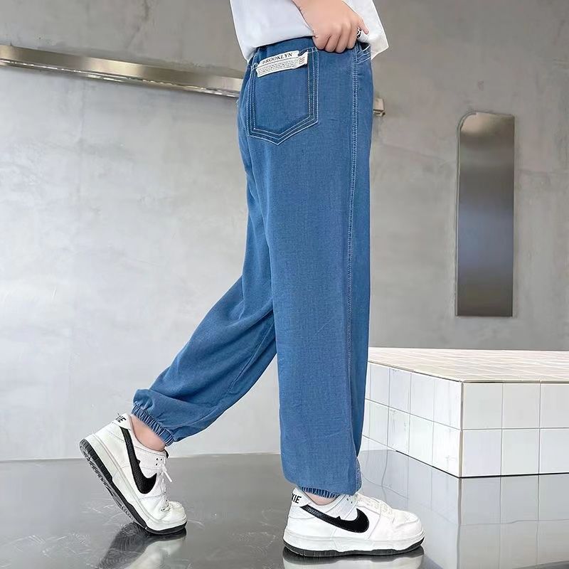 Boys' Tencel Jeans Summer Thin  New Style Korean Style Loose Solid Color Casual Pants for Medium and Big Boys