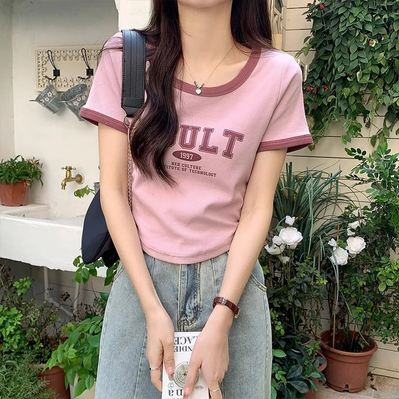 夏季大碼洋氣正肩短袖t恤女胖mm美式小眾顯瘦撞色短款上衣2-300斤