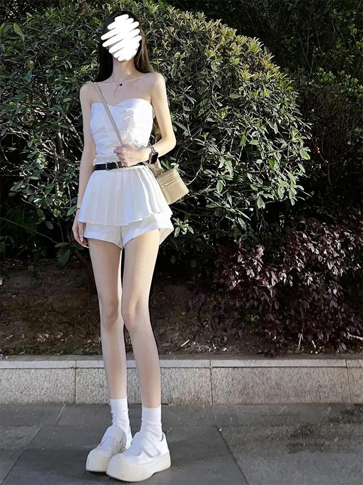 芭蕾風辣妹不規則抹胸背心少女夏季套裝裙子短裙百褶半身裙兩件套
