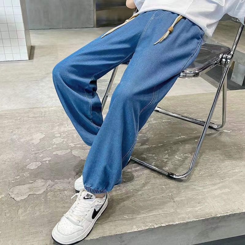 Boys' Tencel Jeans Summer Thin  New Style Korean Style Loose Solid Color Casual Pants for Medium and Big Boys