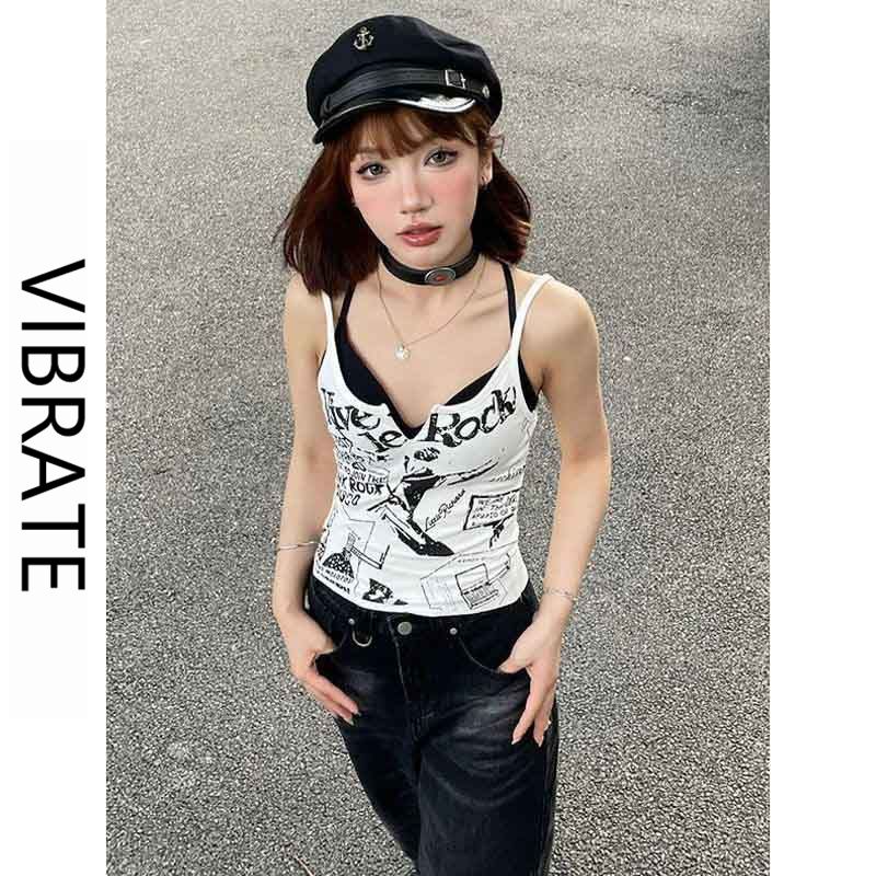 VIBRATE韓版美式復古吊帶背心女夏季朋克辣妹短款修身顯瘦上衣