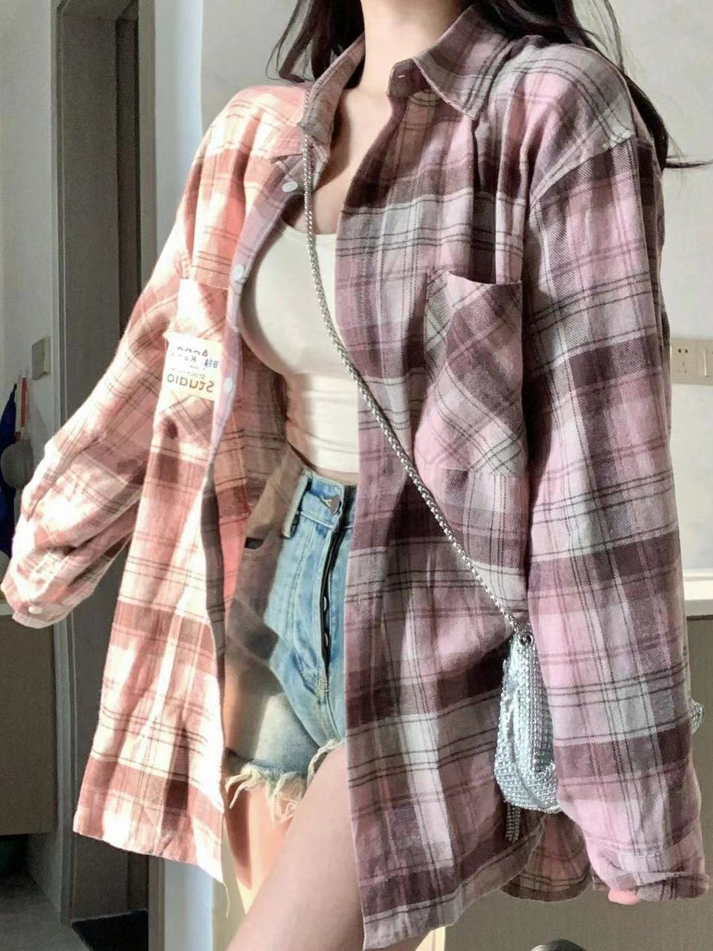 夏季薄款冪式穿搭慵懶溫柔風防曬襯衫女韓系甜美polo格子襯衣外穿