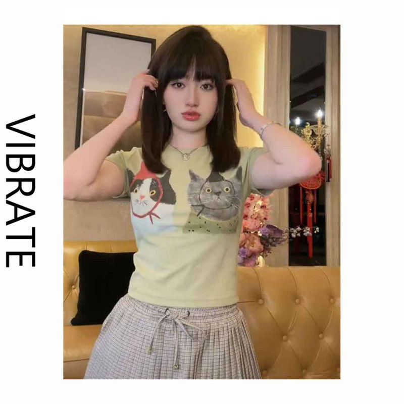 VIBRATE summer new cat pattern printing slim round neck short-sleeved slim fit t-shirt female design top