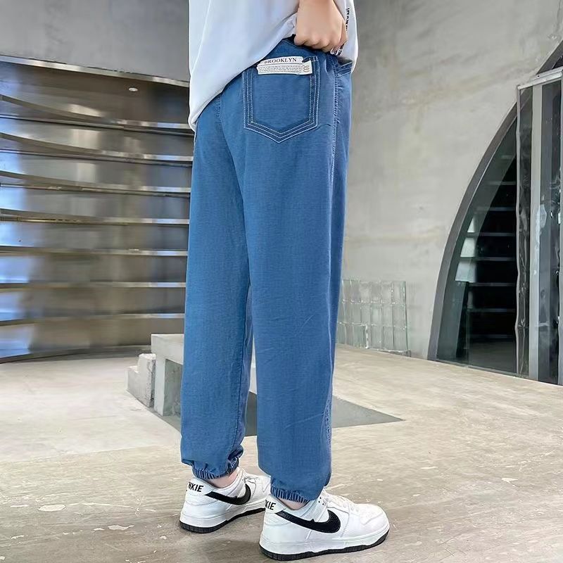 Boys' Tencel Jeans Summer Thin  New Style Korean Style Loose Solid Color Casual Pants for Medium and Big Boys