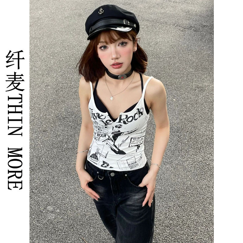 纖麥THIN MORE美式復古吊帶背心女夏季朋克辣妹短款修身顯瘦上衣