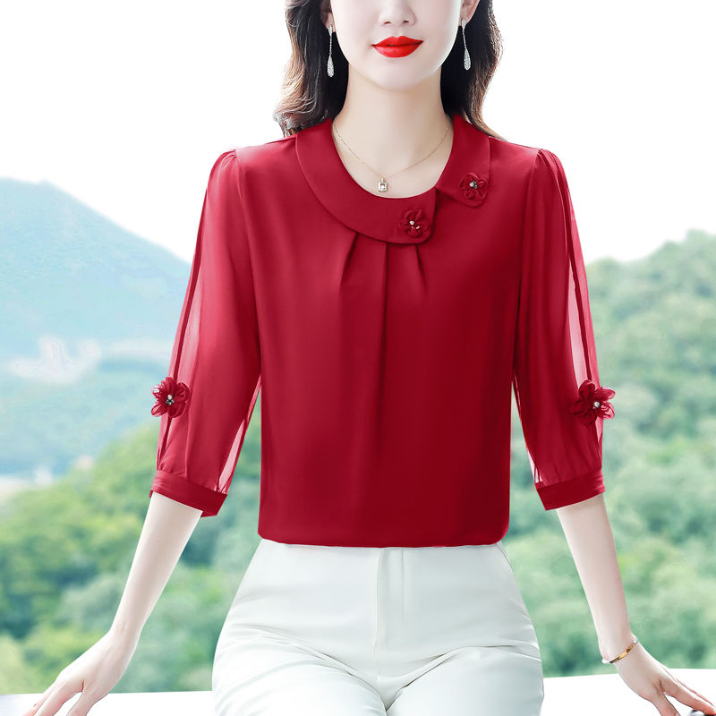 洋氣媽媽2023夏季高端杭州T恤中老年夏裝女桑蠶絲上衣薄純色中袖