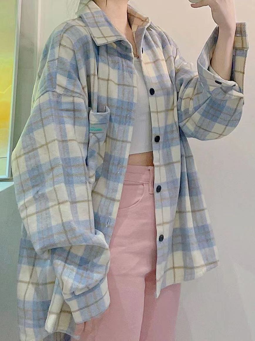 夏季薄款韓系小清新復古格子襯衫女寬鬆休閒中長款襯衣外穿防曬衣