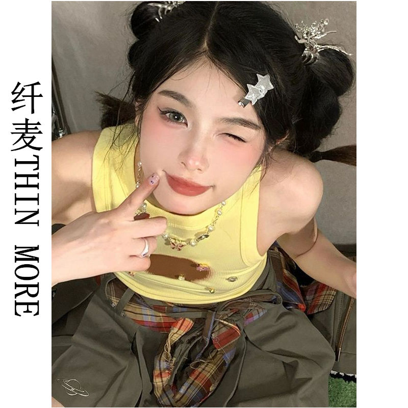纖麥THIN MORE甜美無袖吊帶背心女夏短款多巴胺上衣鑲鑽內搭外穿