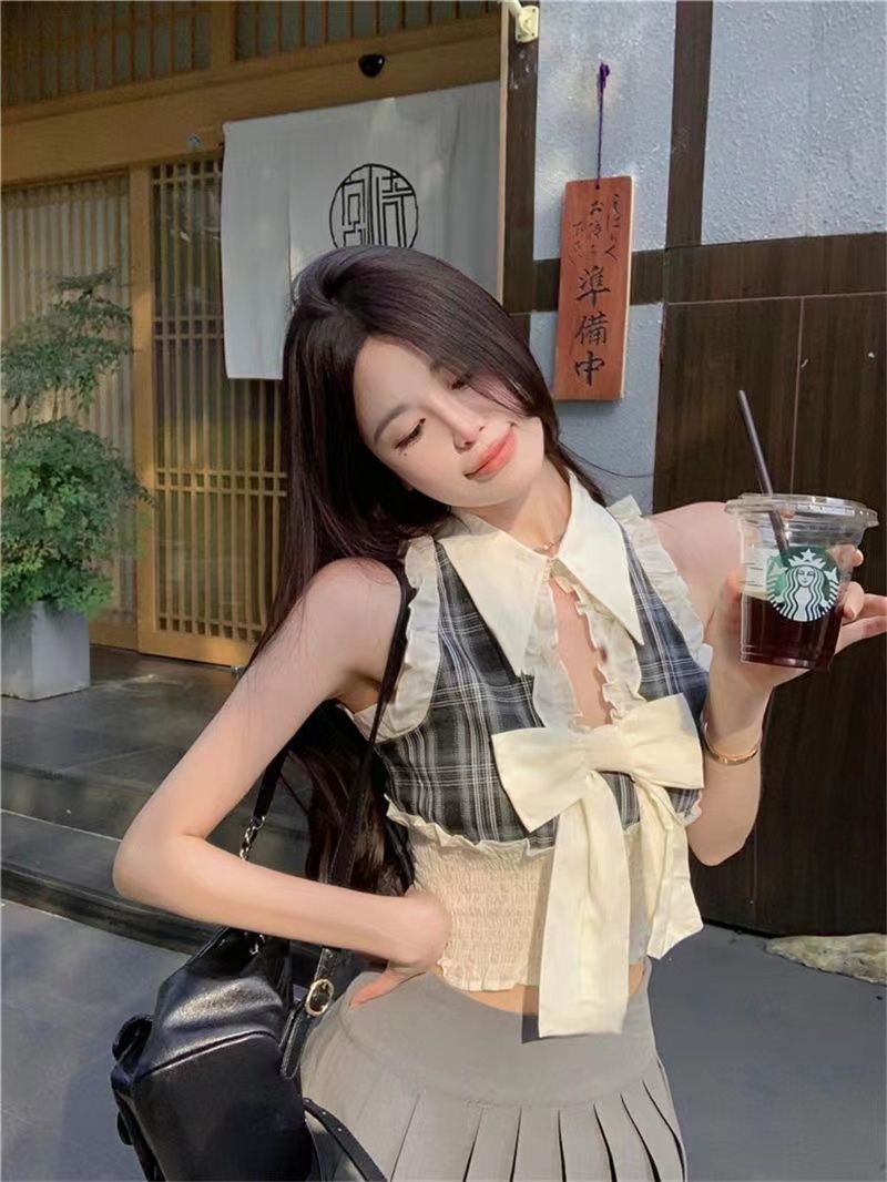 甜辣妹蝴蝶結背心襯衫女裝夏季polo領性感拼接收腰顯瘦短款上衣