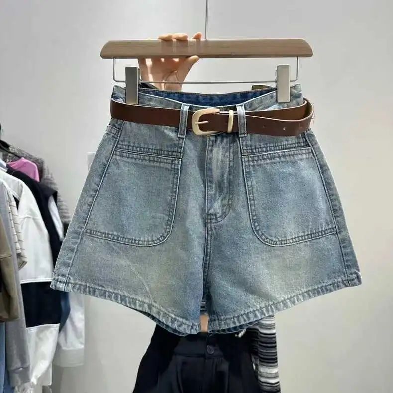 牛仔短裤女夏季2023年新款小个子高腰港味复古a字直筒水洗热裤子