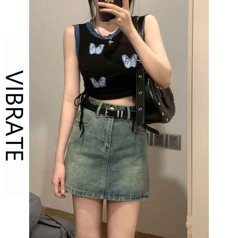 VIBRATE韓版復古綁帶貼布蝴蝶無袖背心女夏季辣妹修身短款上衣ins