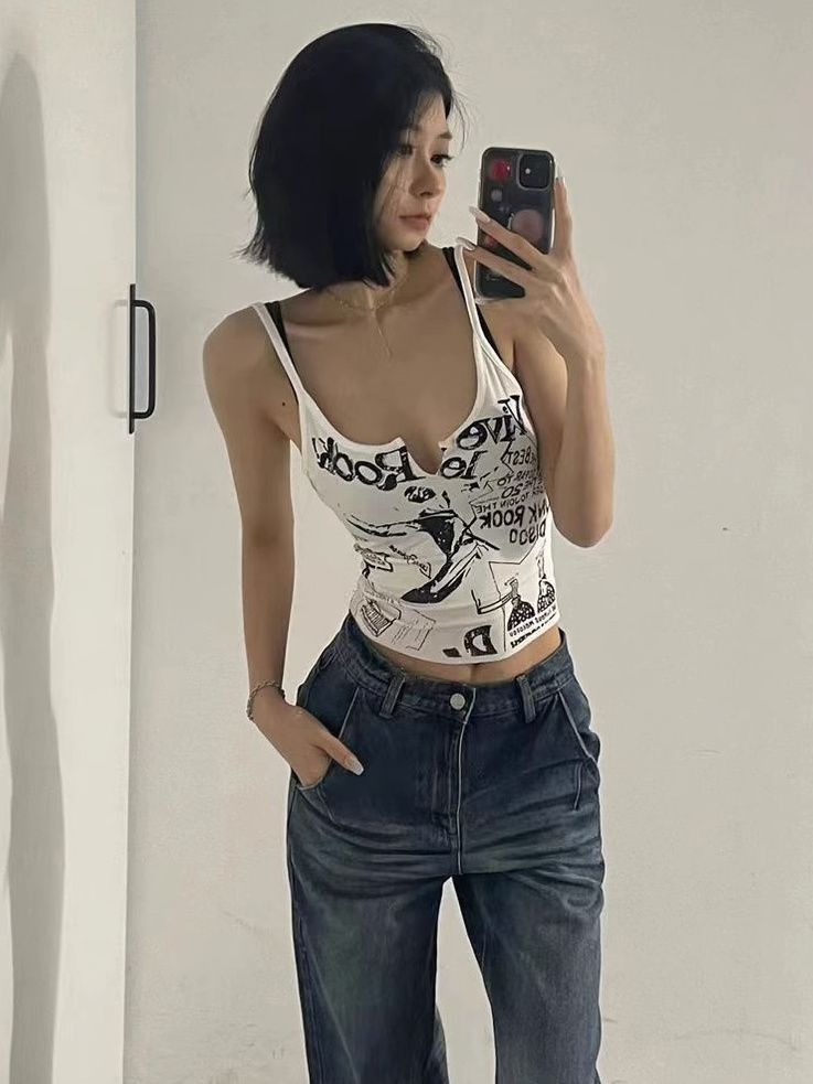 Fianmai THIN MORE punk small suspender women's new summer chic design slim and versatile top