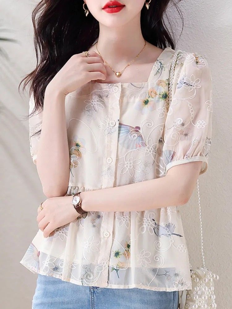 法式碎花雪紡衫女士夏季2023新款設計感小眾方領小衫短袖洋氣上衣