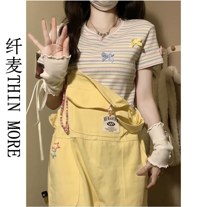 Fianmai THIN MORE summer colorful striped right shoulder short top women's bow stitching sweet and spicy short-sleeved T-shirt