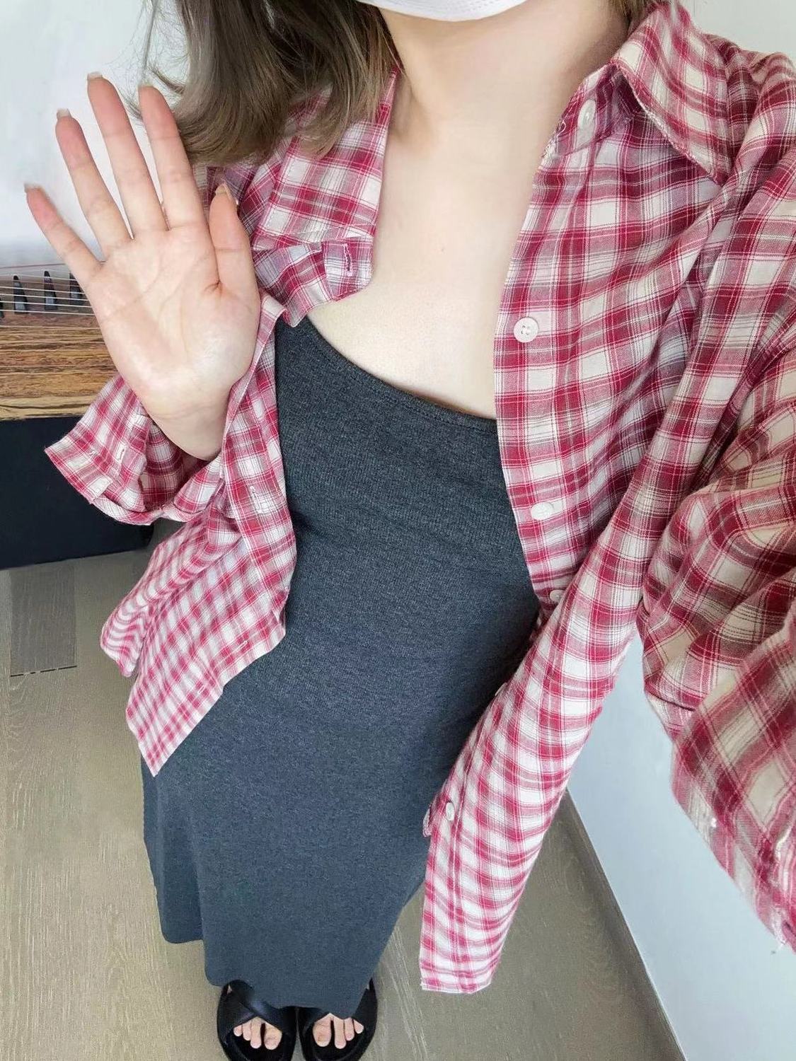 夏季輕薄防曬襯衫女日系小清新寬鬆顯瘦紅色格紋襯衣開衫外搭上衣