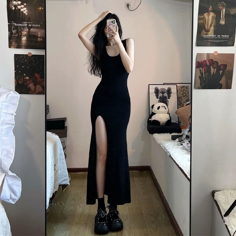 黑色氣質少女方領高腰開叉包臀長裙女夏季修身顯瘦吊帶連衣裙女