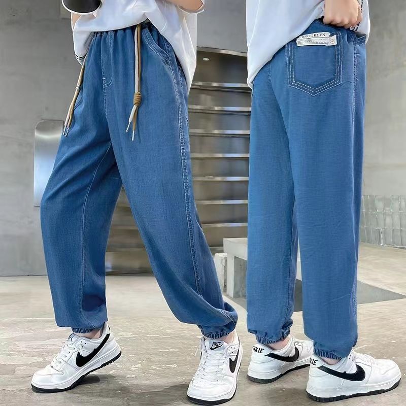 Boys' Tencel Jeans Summer Thin  New Style Korean Style Loose Solid Color Casual Pants for Medium and Big Boys