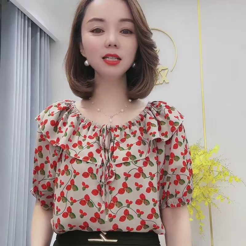 時尚百搭一字肩上衣2023夏裝新款雪紡衫氣質減齡寬鬆遮肚洋氣小衫