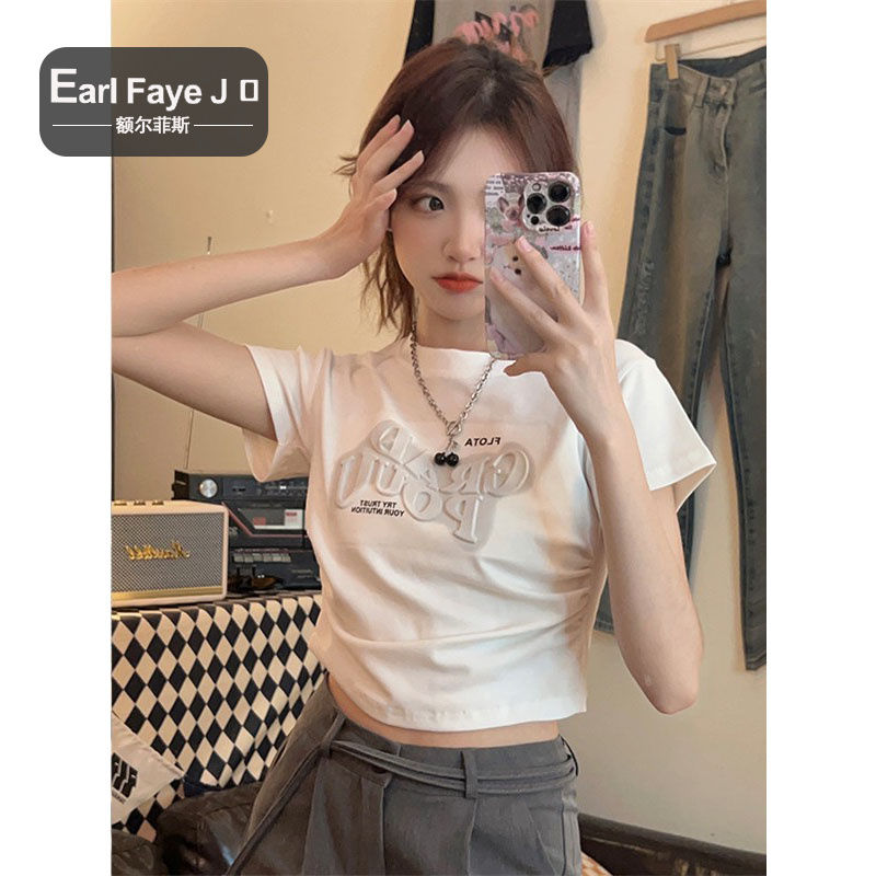 [Positive shoulder pure cotton] unique three-dimensional foam letter spray dyeing printing short-sleeved t-shirt female ins slim fit and thin short