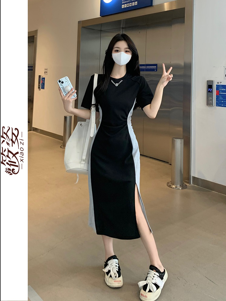 筱姿拼接拼色連衣裙女2023新款夏季休閒T恤裙子遮肚顯瘦長裙韓版
