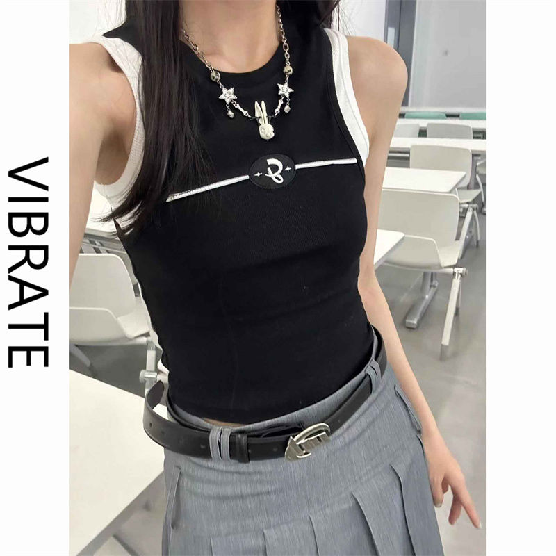 VIBRATE美式復古黑色無袖假兩件背心女夏內搭設計感辣妹吊帶上衣