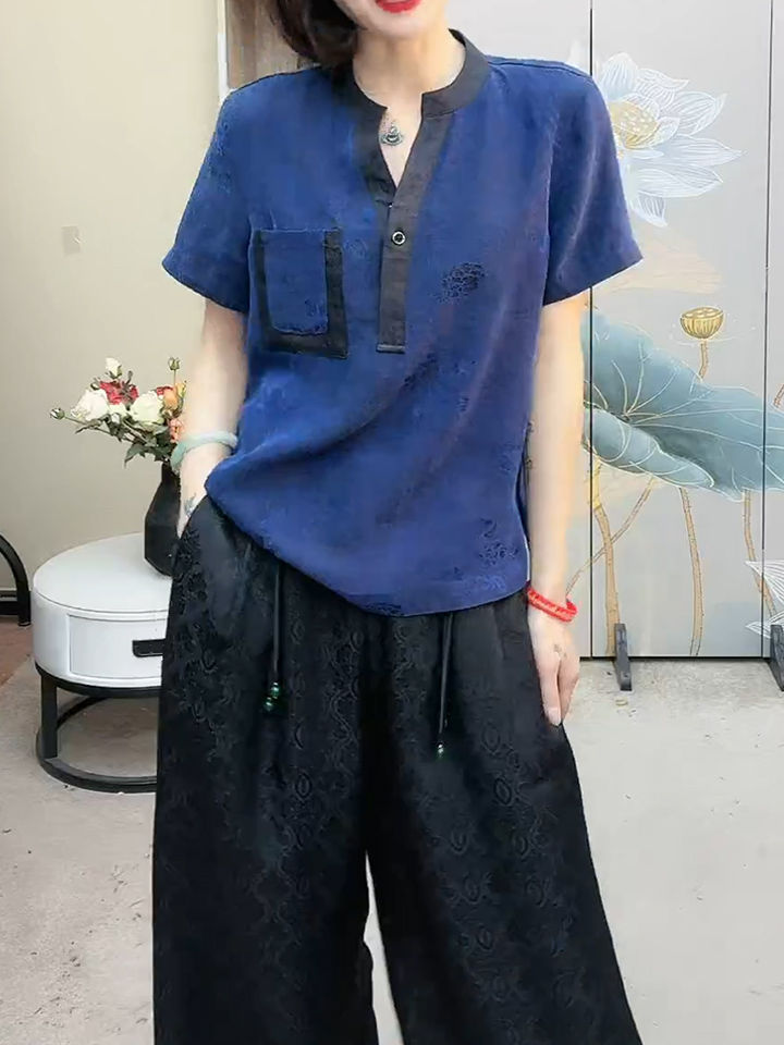 2023 Summer New Style Chinese Style Tops Loose Covering Flesh Ethnic Style Blue T-shirt T-shirt Noble Ladies Women's Clothing