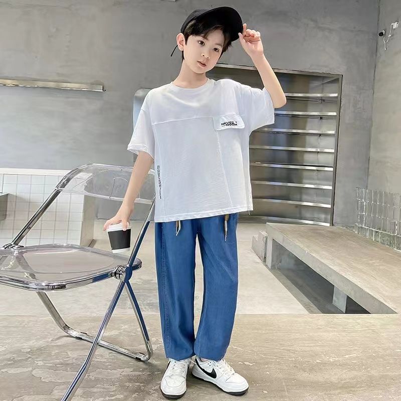 Boys' Tencel Jeans Summer Thin  New Style Korean Style Loose Solid Color Casual Pants for Medium and Big Boys