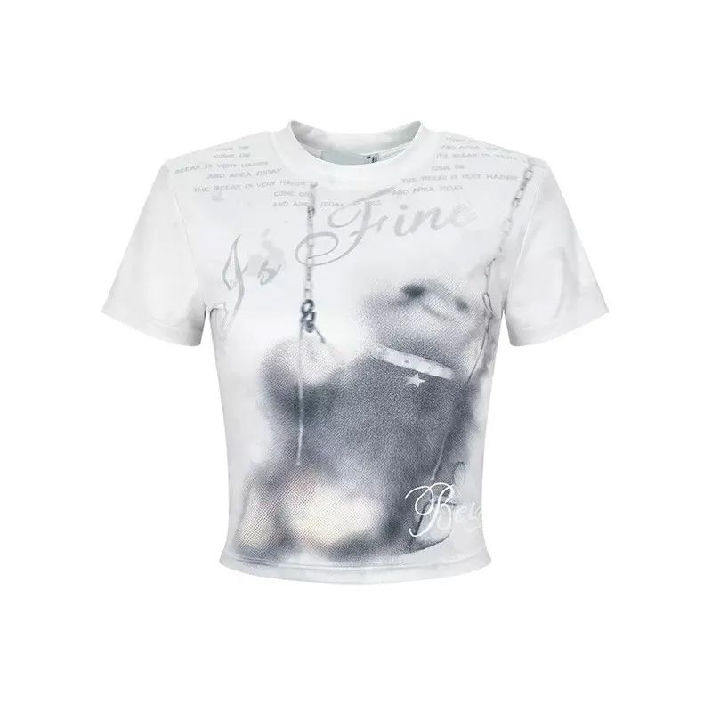 Digital printing bear swing slim short T-shirt 2023 summer personalized casual round neck short-sleeved top