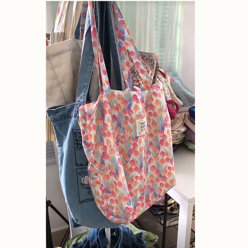 New oil painting style flower canvas shoulder bag female student girl style large capacity handbag Korean style tote bag