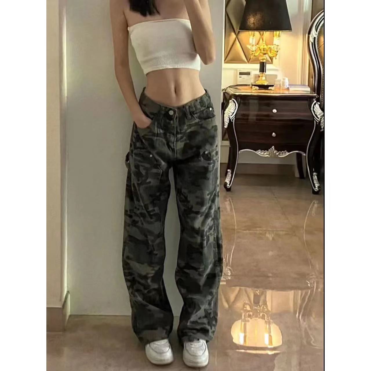 美式迷彩牛仔褲女直筒寬鬆闊腿拖地長褲百搭顯瘦辣妹舞蹈褲子爵士