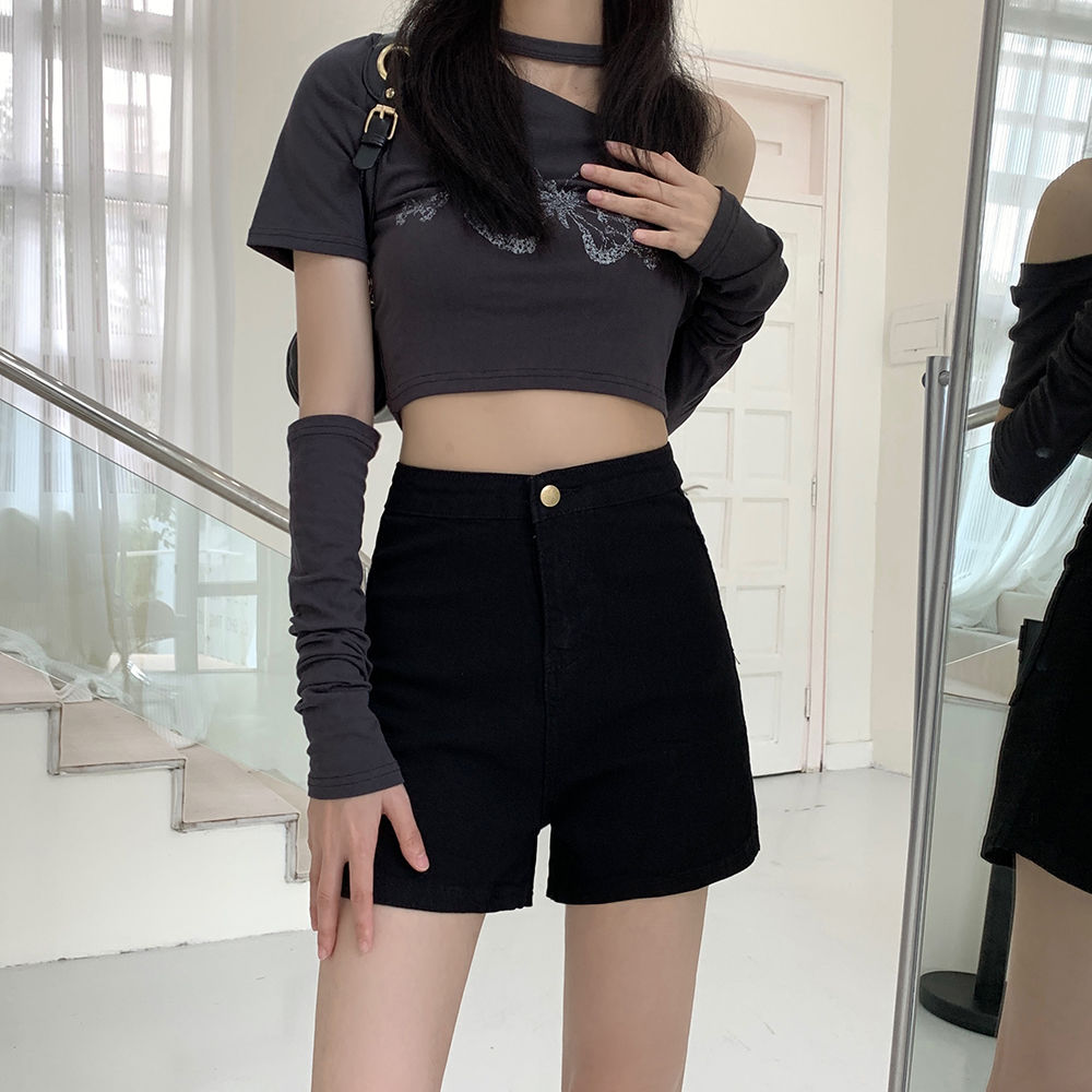 高腰a字型牛仔短褲女夏季新款黑色褲子簡約氣質遮垮顯瘦辣妹熱褲