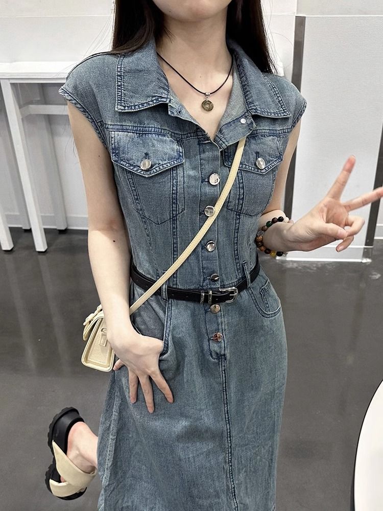 POLO collar dress denim skirt women's clothing 2023 summer new hot girl pure desire waist high-quality long skirt women