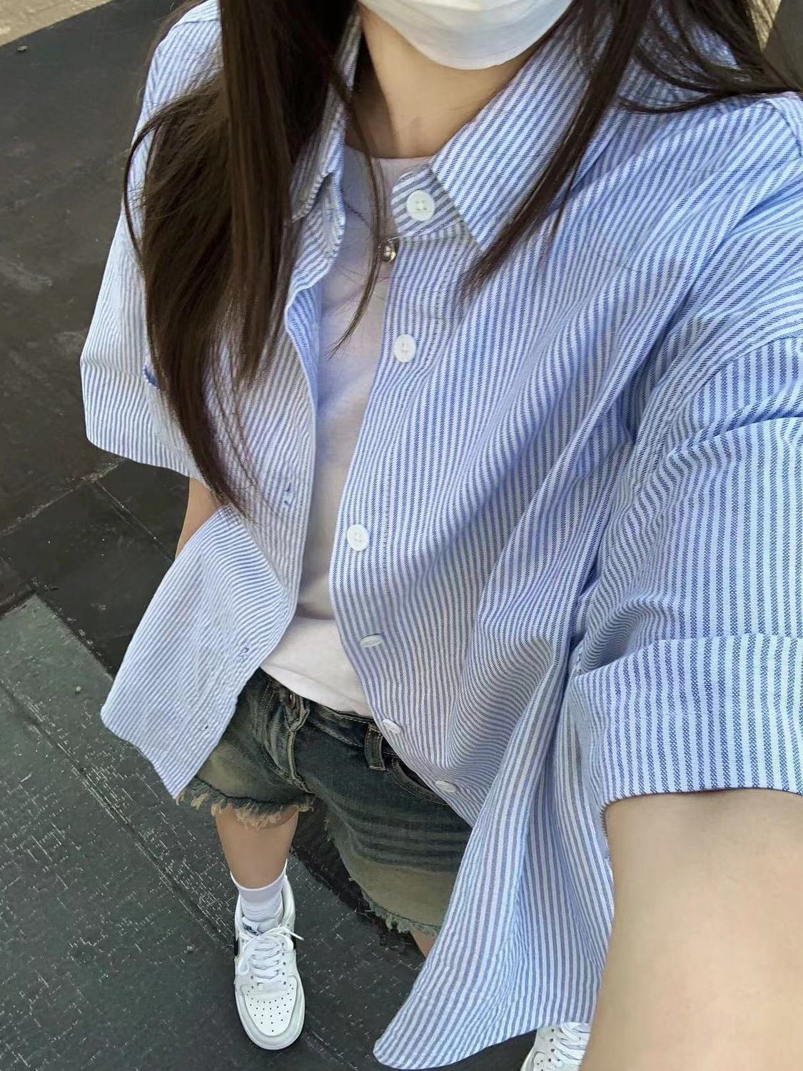 夏季2023新款深藍色條紋襯衫短袖女韓版通勤寬鬆百搭襯衣顯瘦上衣