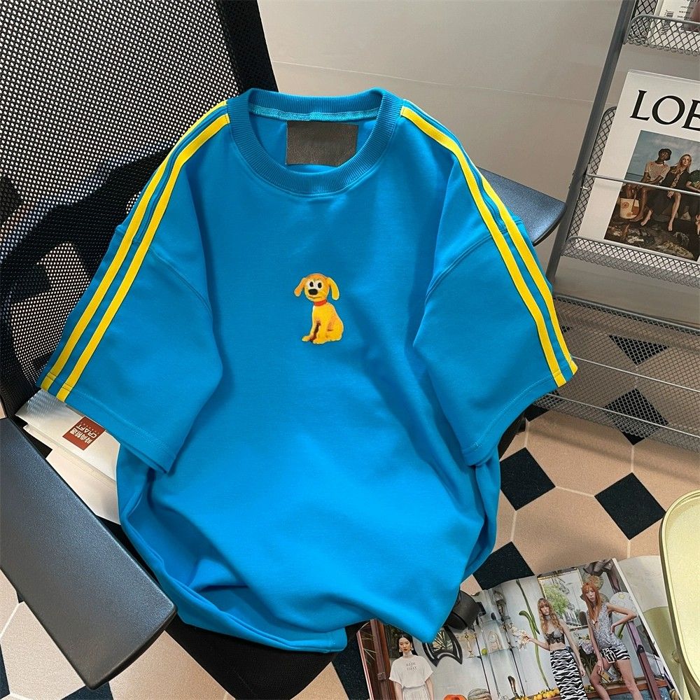 休閒運動條紋小狗短袖t恤女夏季新款歐美高街hiphop潮牌體恤上衣