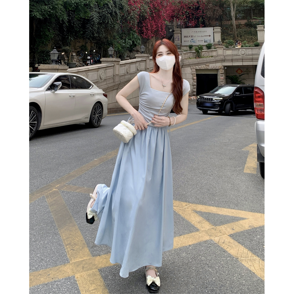 Square collar vest dress women's summer 2023 new waist slimming gentle wind shirring design temperament long skirt