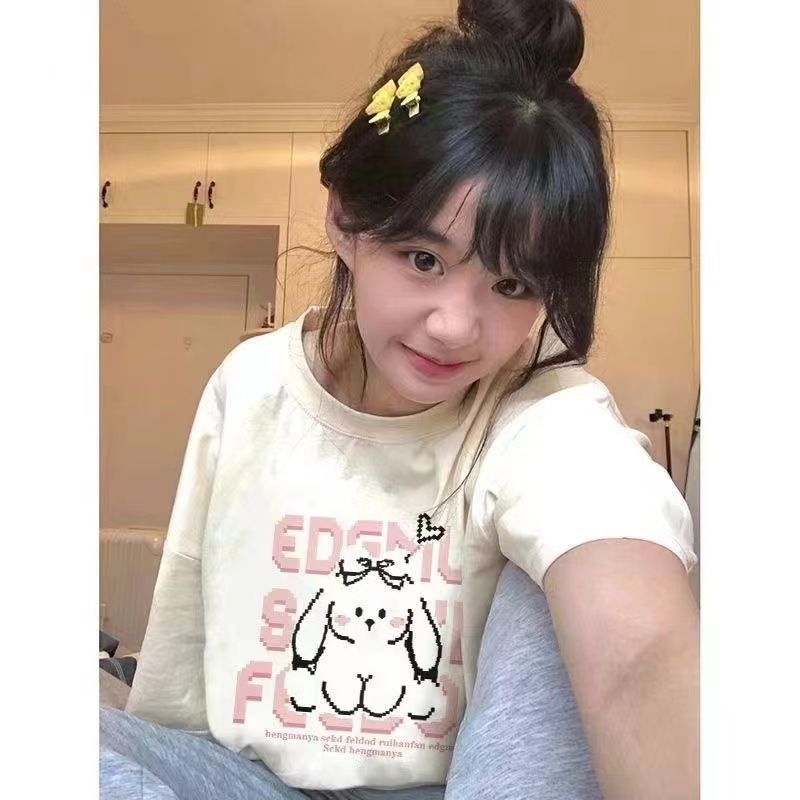 夏季新款韓系ins風小眾印花100%純棉短袖t恤女寬鬆中長款半袖上衣