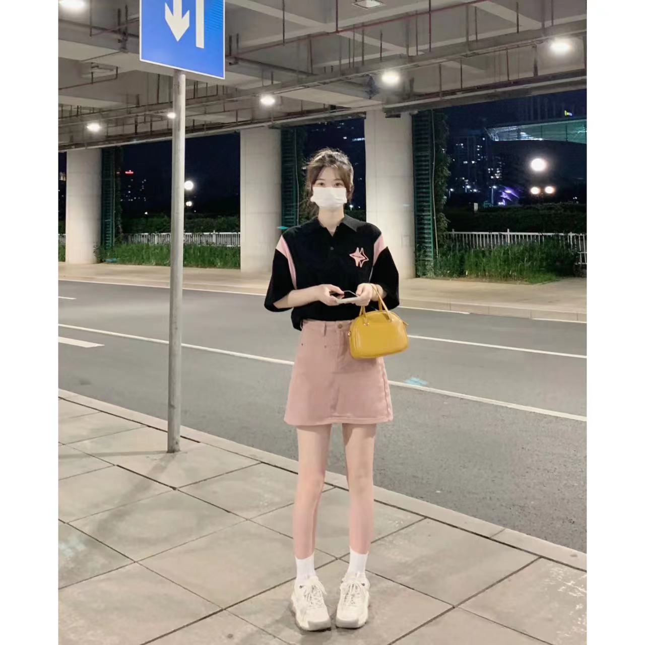 髒粉色牛仔短裙女水洗包臀辣妹顯腿長百搭夏季美式帶內襯小清新潮
