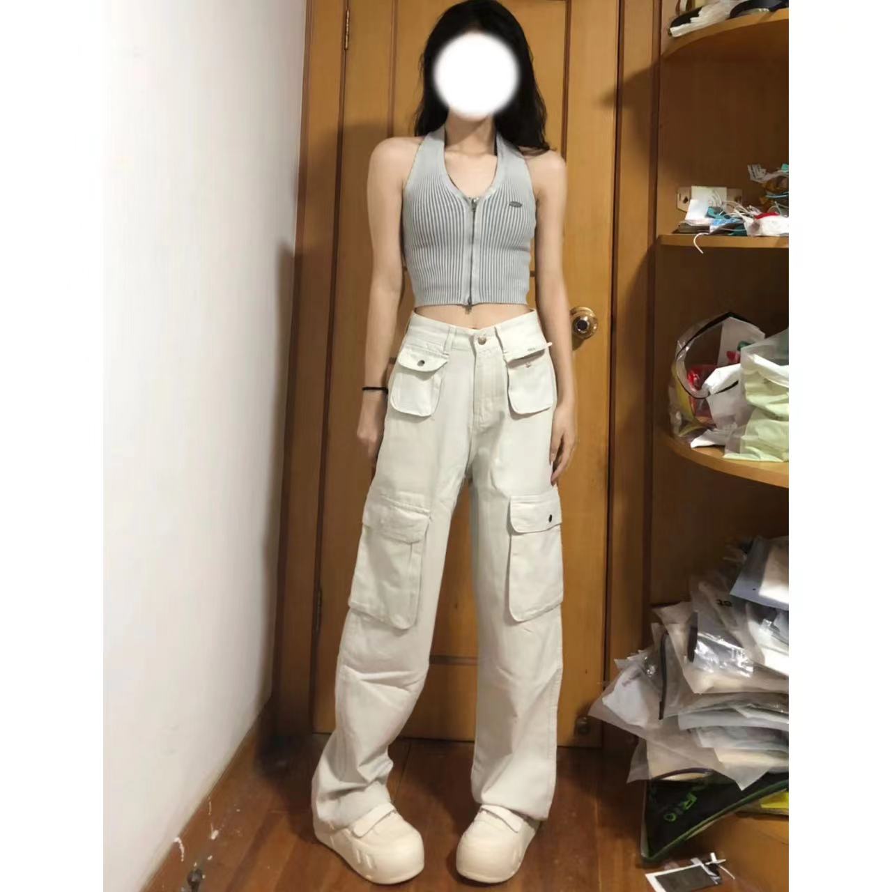 白色牛仔褲女工裝辣妹百搭直筒多口袋拖地長褲春秋季包臀遮肉潮流