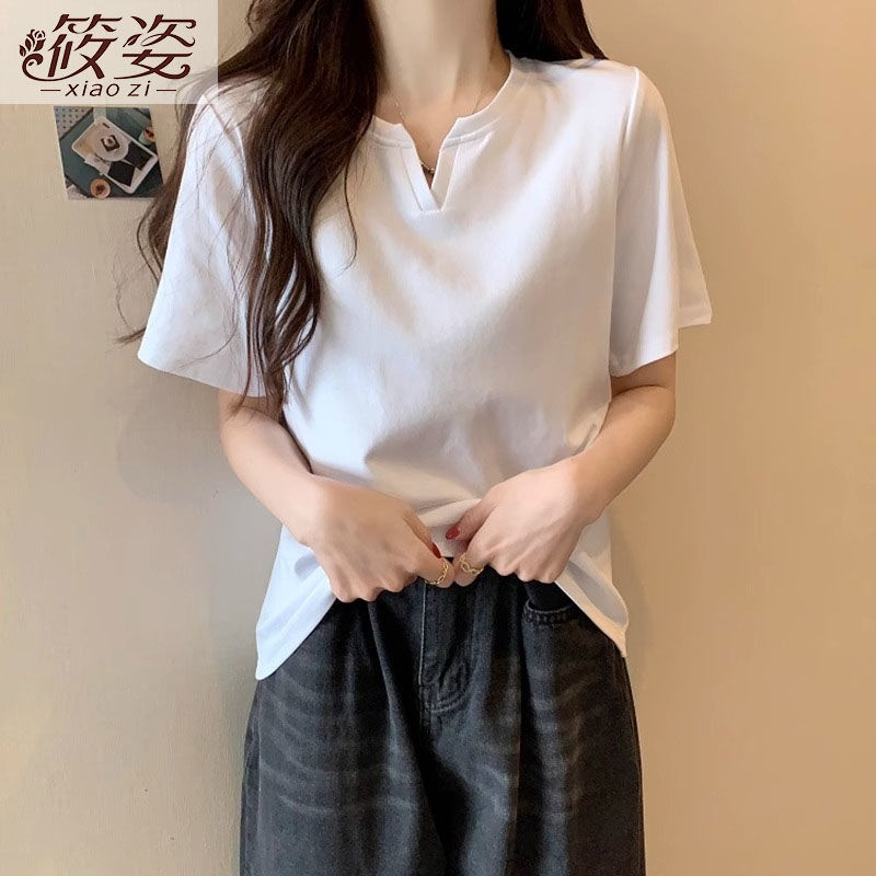筱姿設計感小眾黑色V領t恤女ins潮正肩短袖2023夏季新款半袖上衣